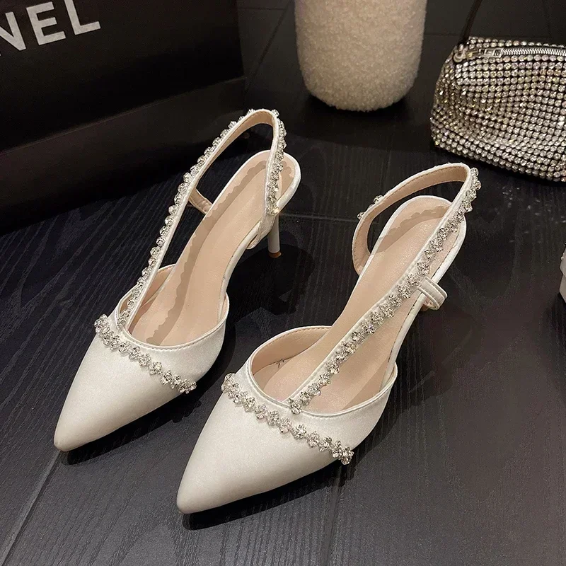 Pointed Toe Shoes Women 2024 Summers Mid-heeled Pearl High-heeled Thick-heeled Sandalias De Mujer Wedges Shoes for Women slides