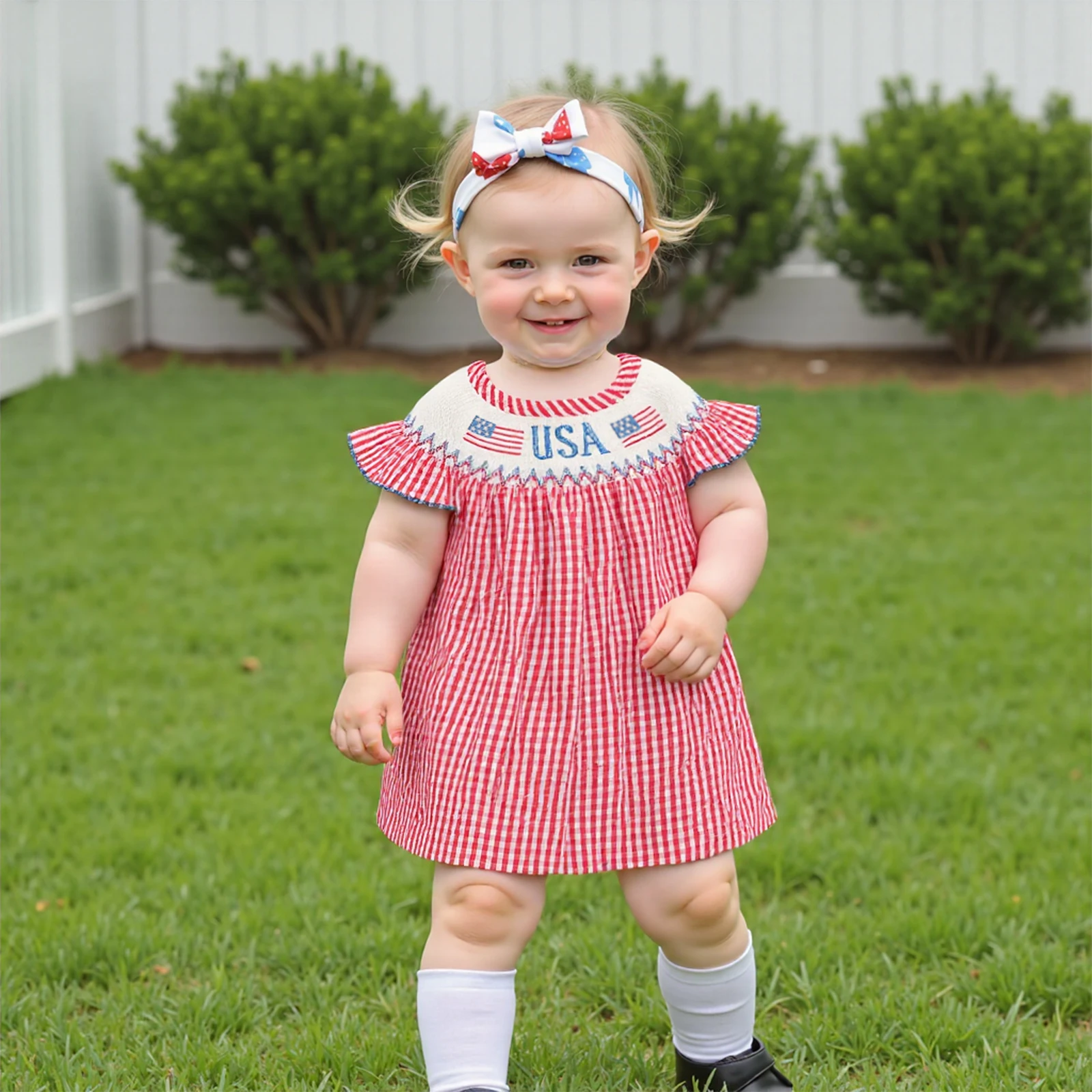 

Toddler Girl 4th of July Dress Loose Fit Plaid American Flag Embroidery Smocked Crew Neck Flying Sleeve Dress