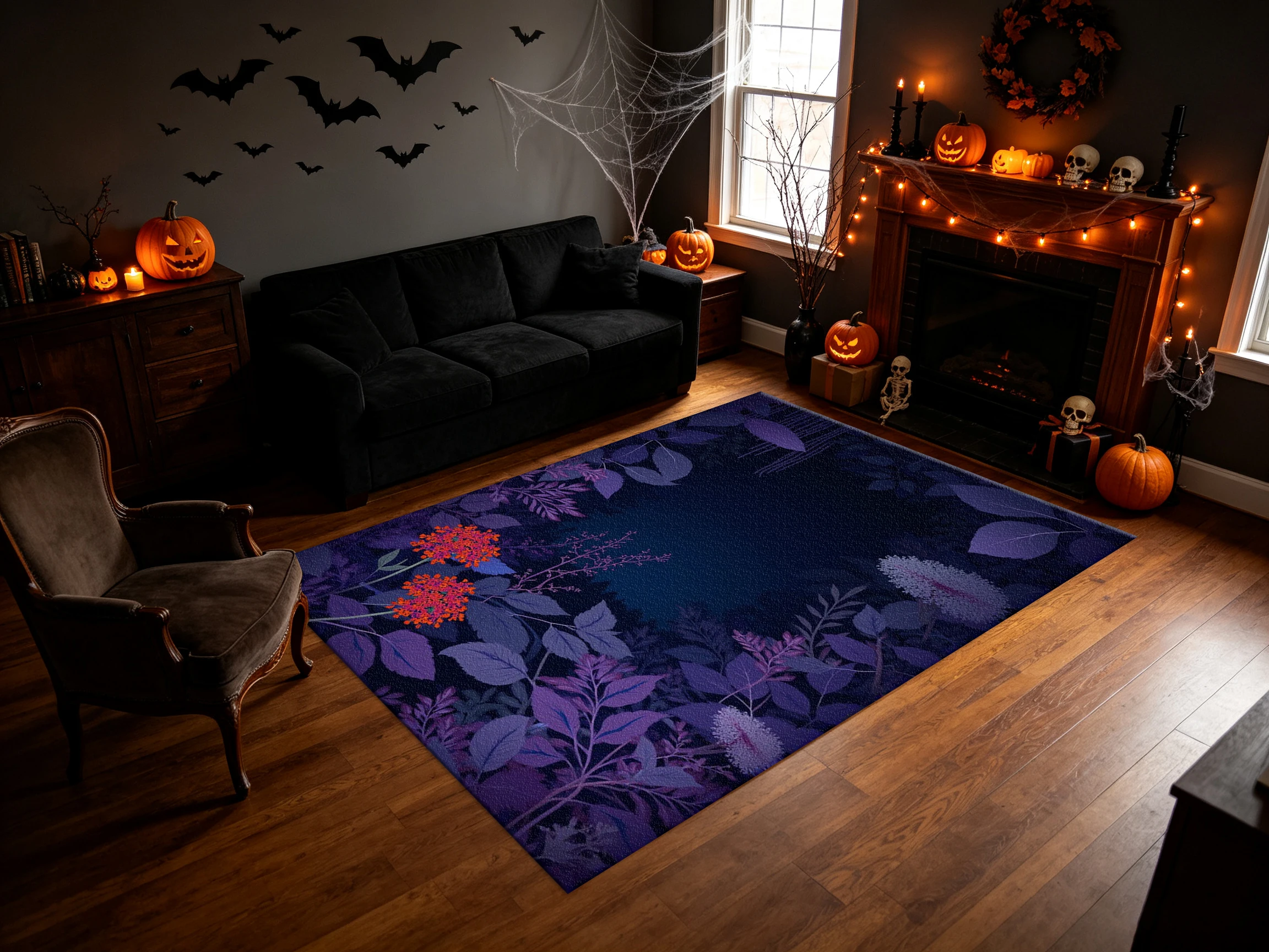 Dark Purple Night Botanical Floral Carpet Flooring Deep Tone Foliage Square Art Rug Stylish Home Floor Decor