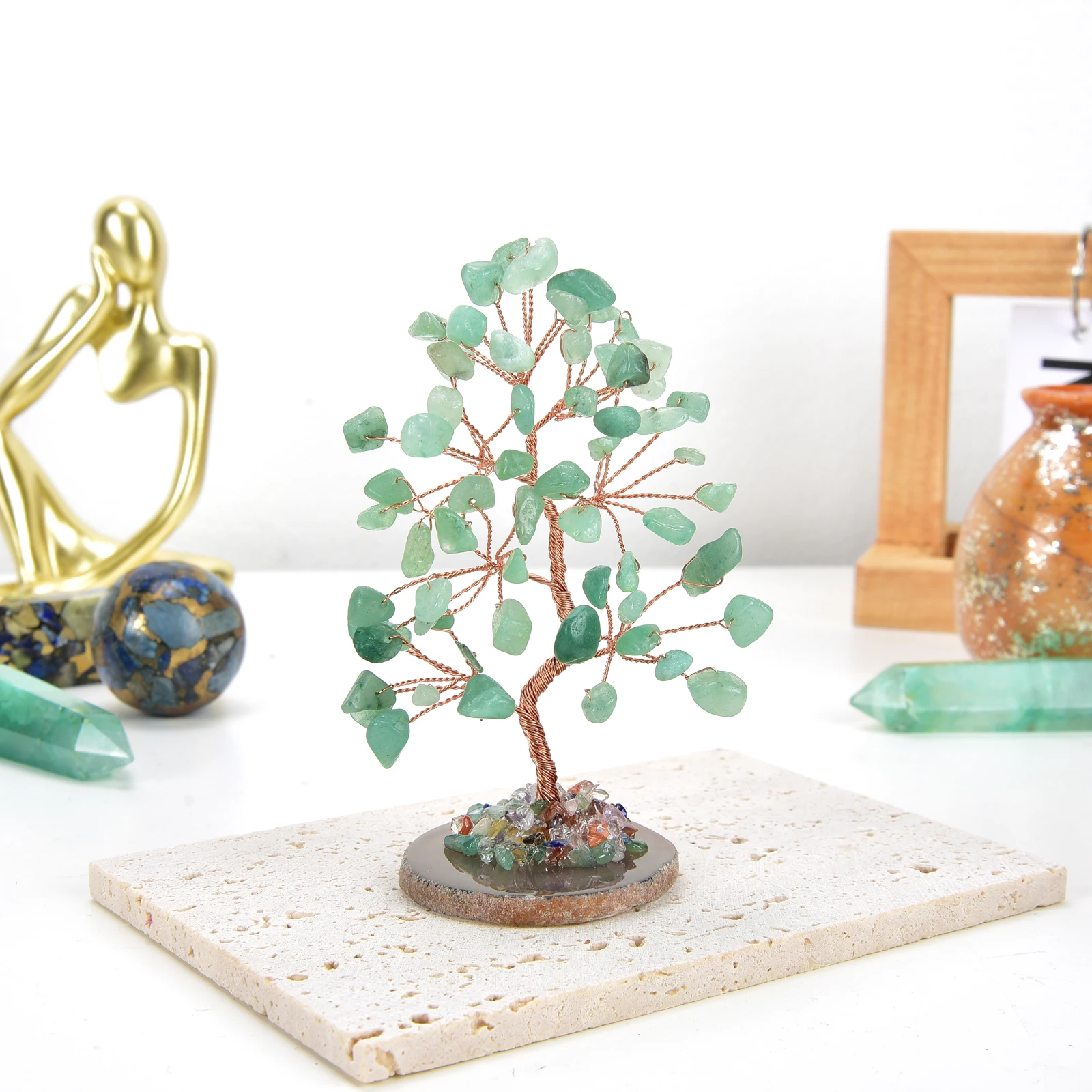 Lucky Crystal Tree Random Stone Base Natural Green Aventurine Money Tree for Positive Energy Crystal Tree Home Office Decoration