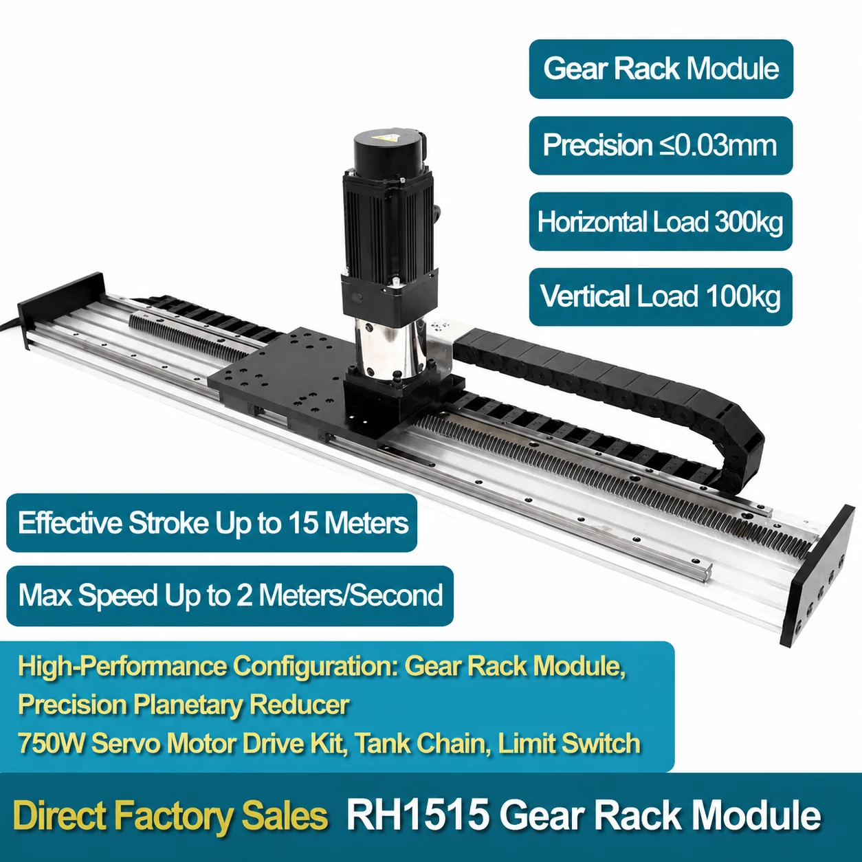 RH1515 Heavy Duty Rack and Pinion Linear Slide Module 750W Servo Motor 15m Stroke