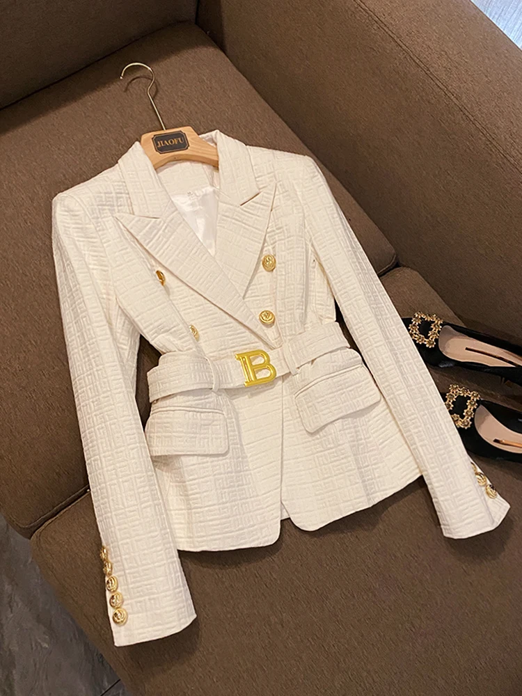 Outono inverno militar een duplo breasted denim com cinto longo sve fino ajuste cor pura terno jaet feminino commute sle