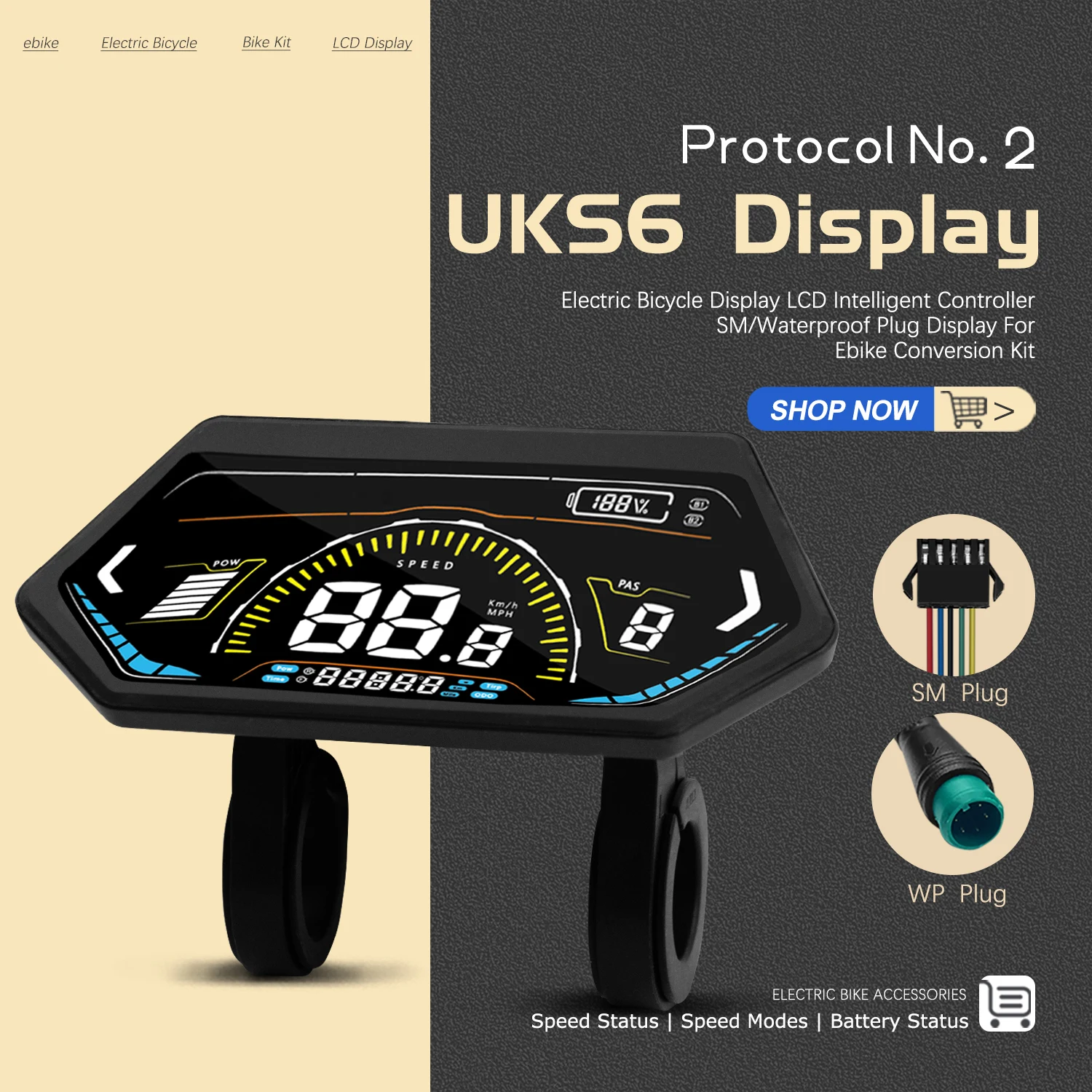Electric Bike Display LCD UKS6 Meter 24V36V48V52V60V72V Electric Scooter Control Panel for Electric Mountain Bike Accessories