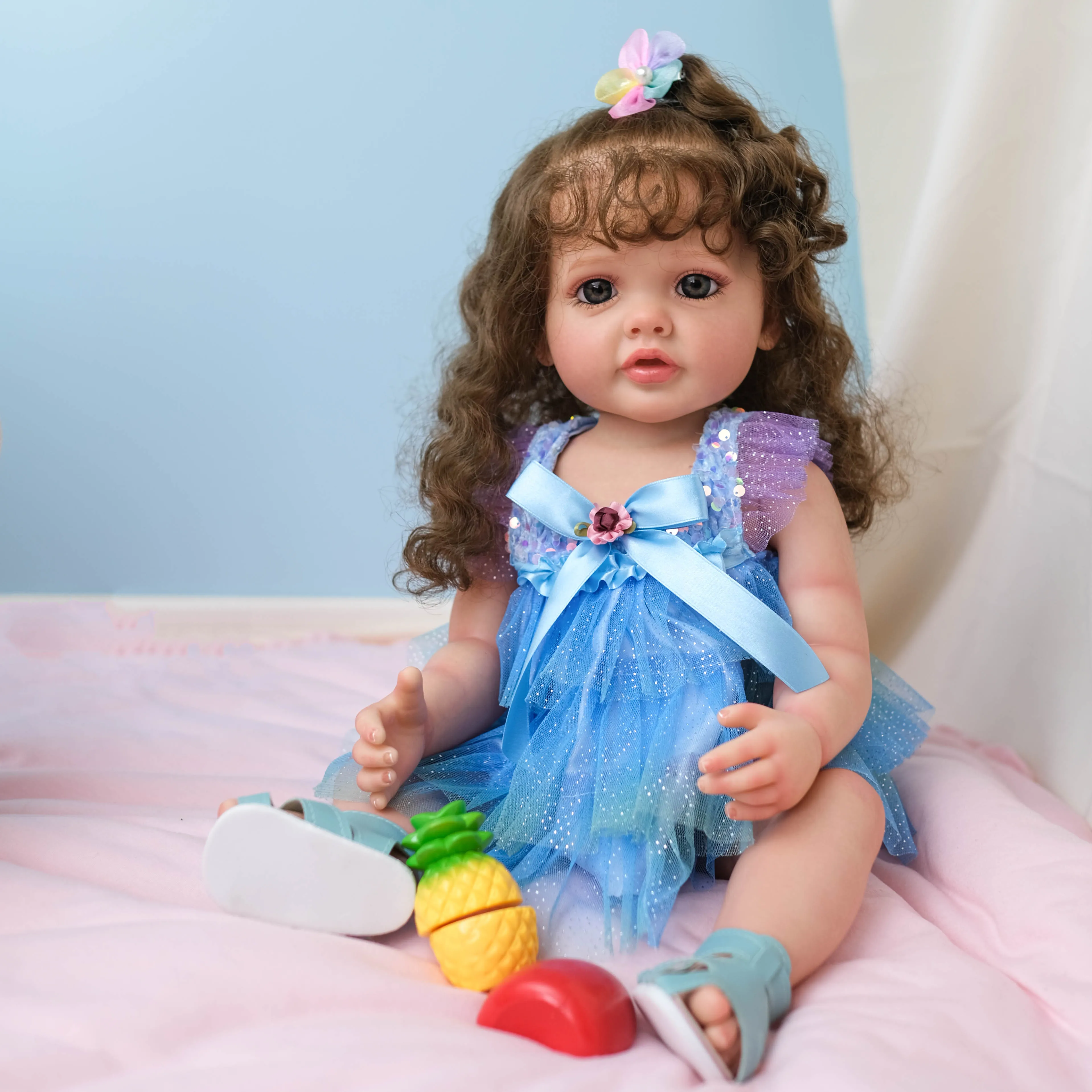 55cm full glue simulated baby rebirth, hand made vein blood thread visible long hair princess doll