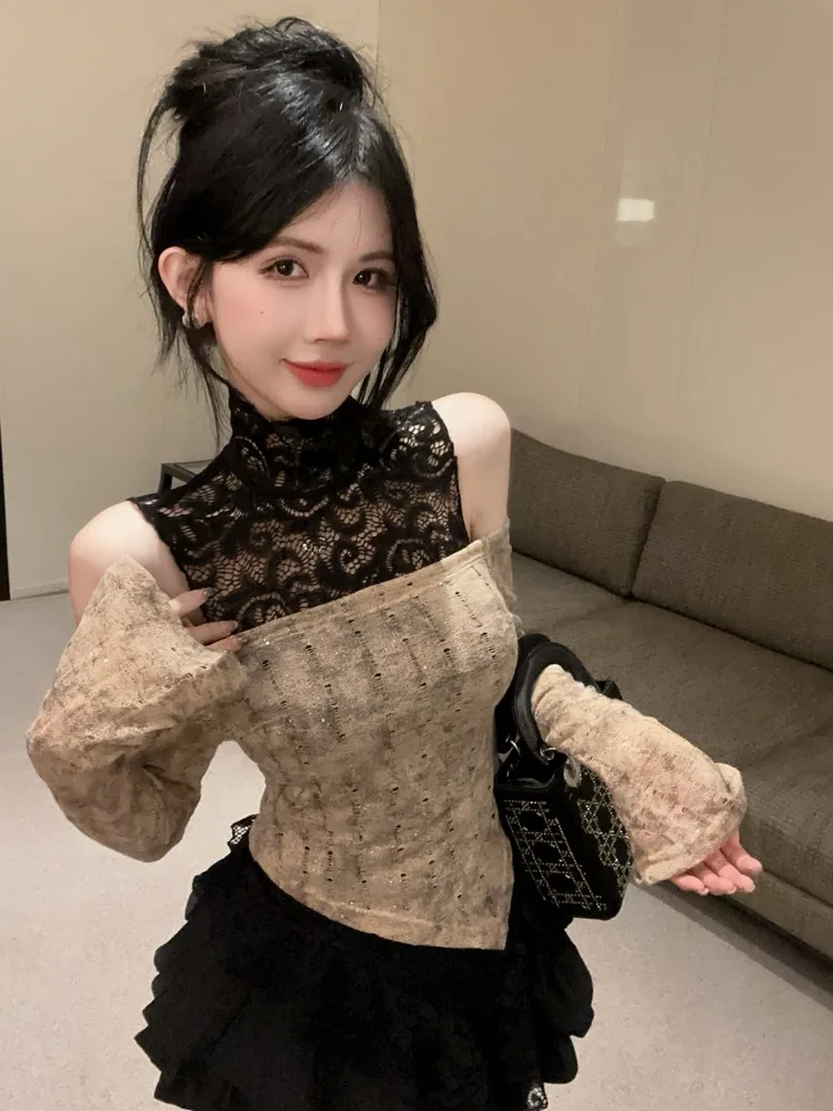 

Elegant Lace Splice Shoulder Bridesmaid Set Women's Pure Desire Sexy Collar Asymmetrical Pleated Skirt Long Sleeve Two-Piece ...