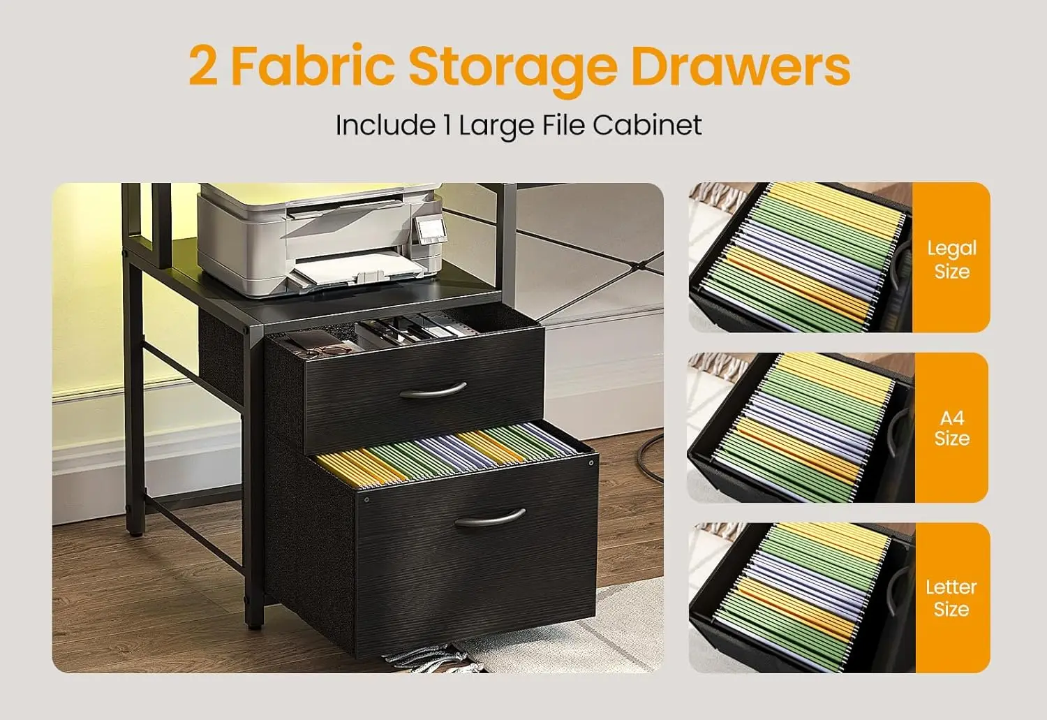 75 inch Computer Desk with Drawers, Reversible Home Office Gaming Corner Desk with LED Lights and Power Outlet File Cab