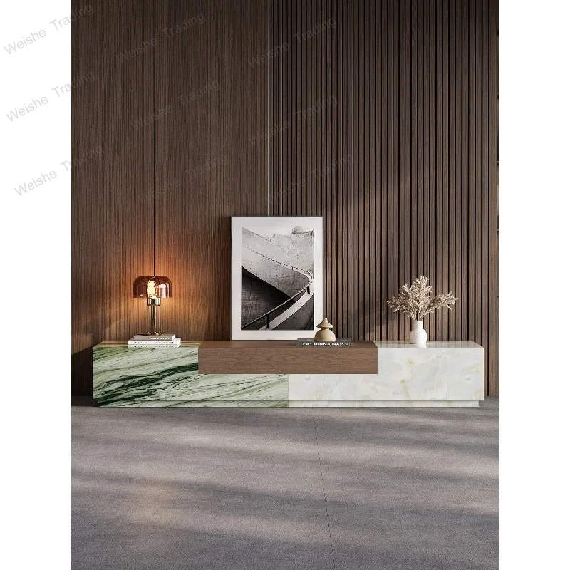 Italian light luxury stone TV cabinet living room home wood grain color matching TV cabinet
