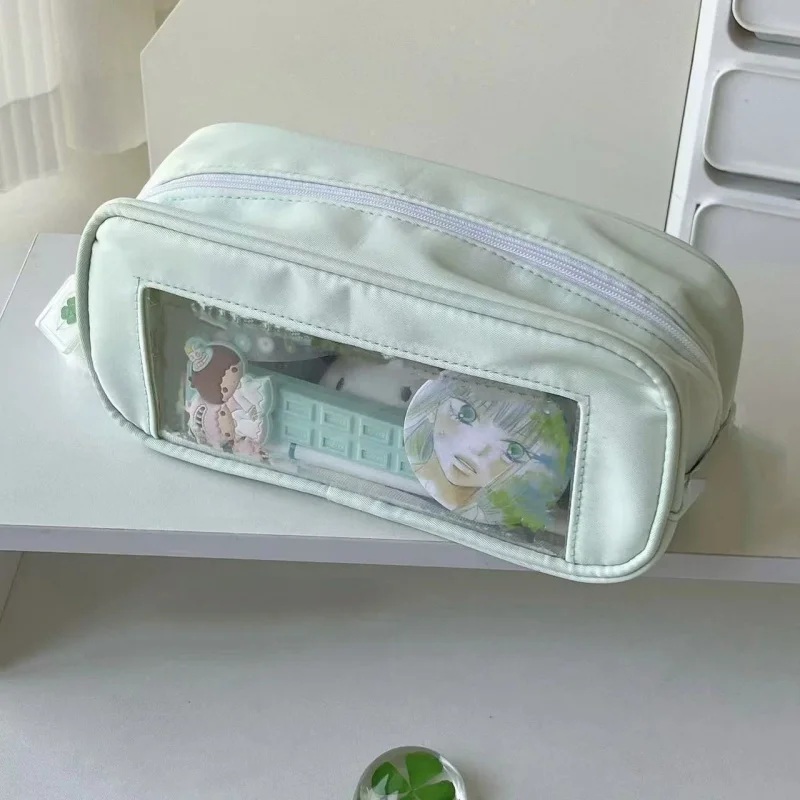 Clover Mint Green Pencil Case – Fresh & Cute, High-Capacity, Visible Window, Ita Bag Style Stationery Box for Students