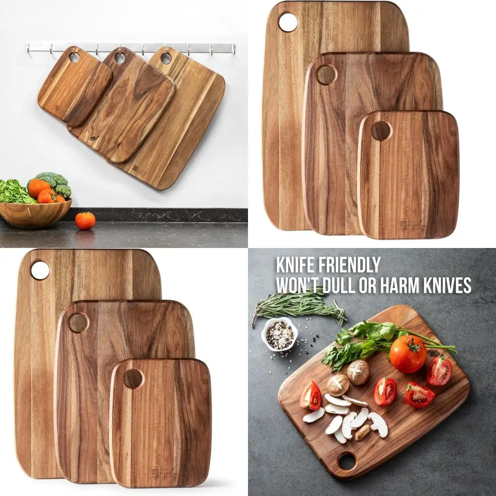 

Set of 3 Acacia Wood Cutting Boards, Large Thick Chopping Boards, Butcher Blocks, Wooden Trays for Meat, Fruit, Vegetables, and