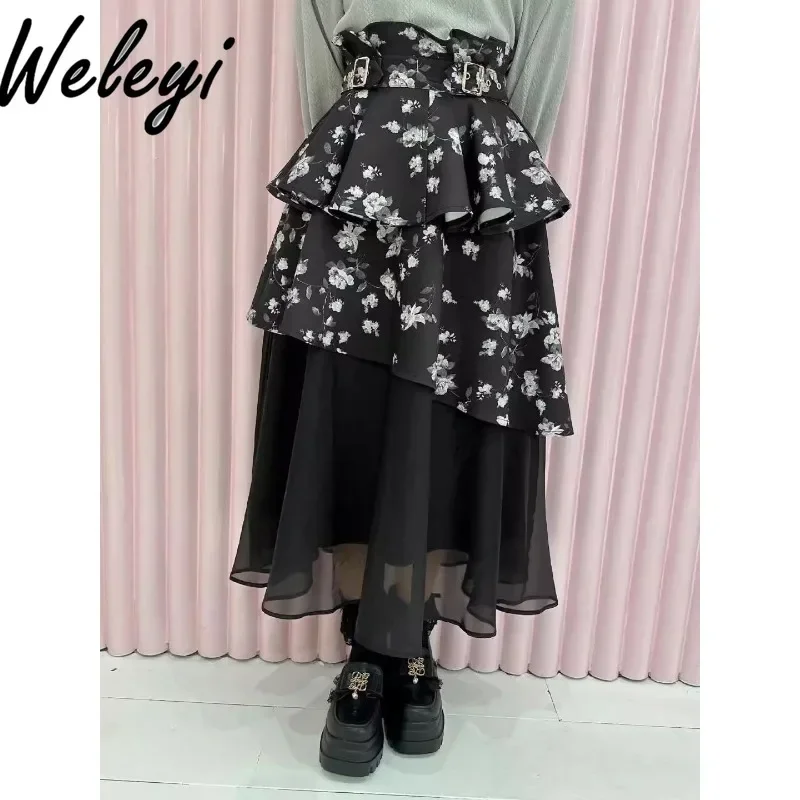 Lolita Lace Irregular Belted Midi Skirt for Women Elegant Y2K Sweet Versatile Side Waist Buckle Black Long Double Cake Skirts