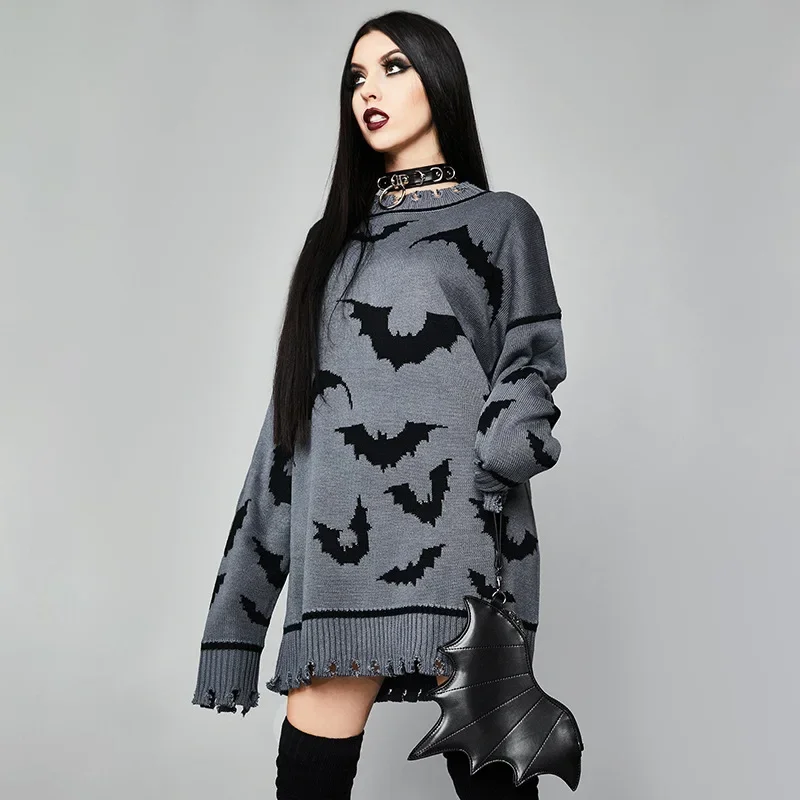 Woman Gothic Bat Knit Sweaters Vintage O-Neck Extended Sweaters 2023 Women Goth Black Grey Streetwear Dark Aesthetic Clothes