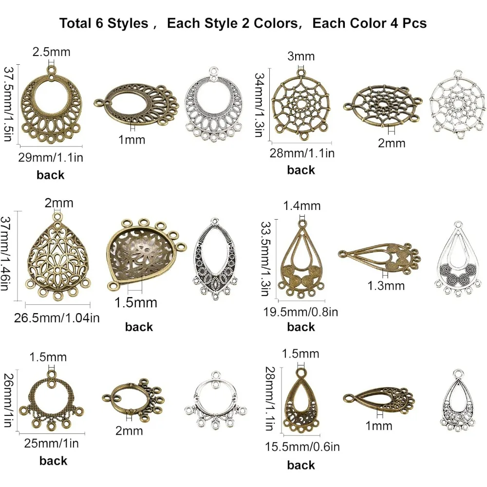 48Pcs 6 Styles 2 Colors Alloy Chandelier Component Links Charms Earring Chandelier Filigree Pendants Findings for DIY Earring