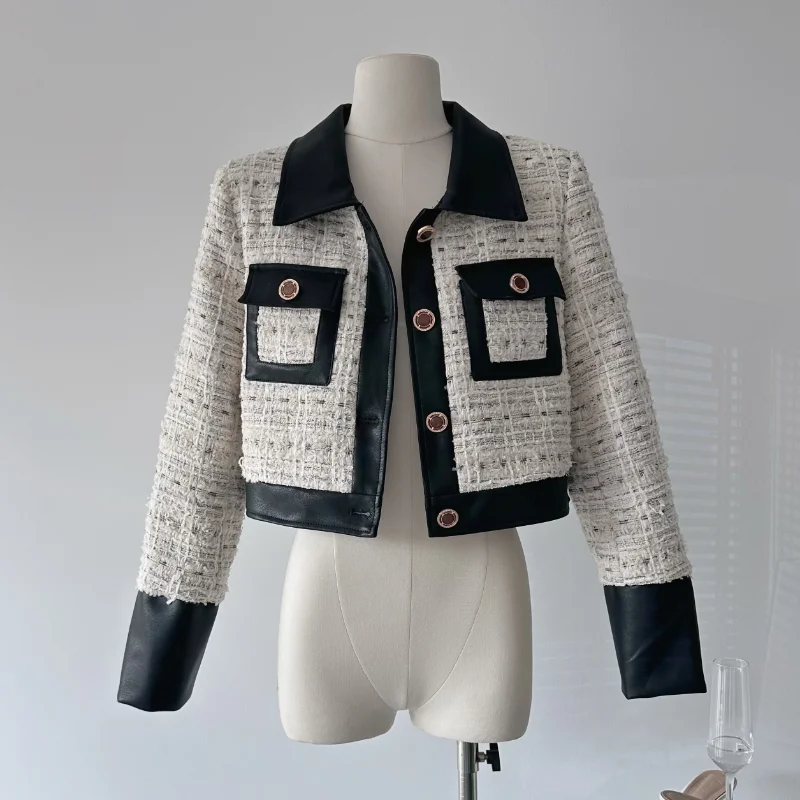 

Tweed Stitching Leather Collar Quilted Coats Women Small Fragrance Casual Fashion Korea Chic Winter Short Jacket Female Outwear