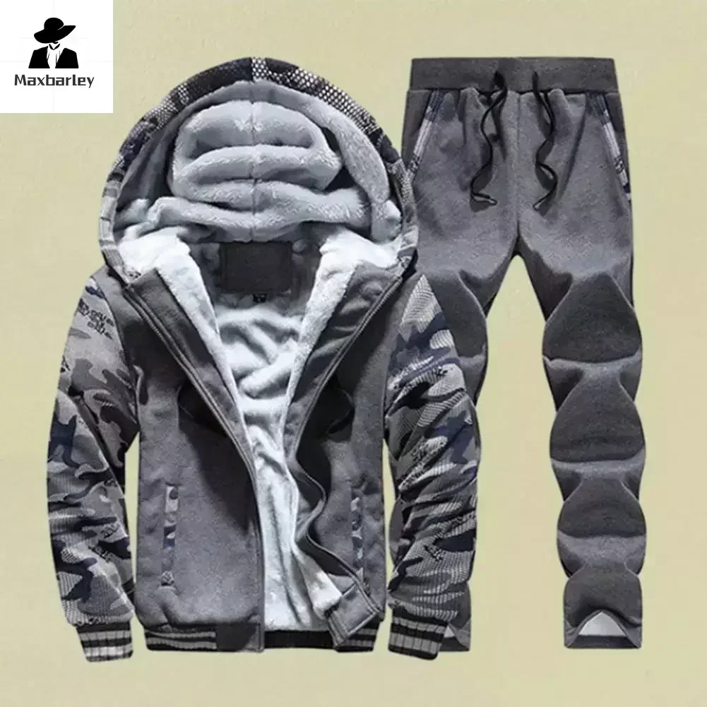 New Fleece Men Set Fashion Brand Tracksuit Lined Thick Sweatshirt + Pants Sportswear Suit Male Winter Warm Hooded Outerwear Suit