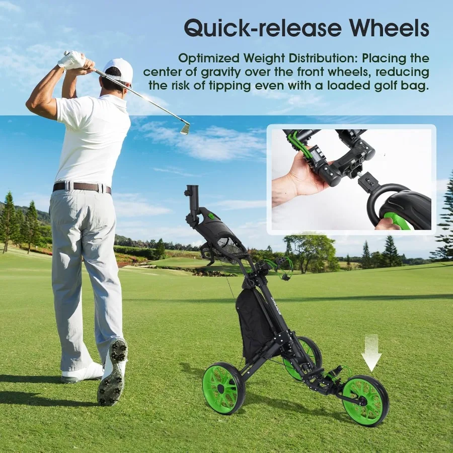 عربة دفع الجولف ذات 3 عجلات: عربة مشي جولف خفيفة الوزن وصغيرة الحجم مع عربة جولف مسطحة قابلة للطي مع سحب خلف الفرامل