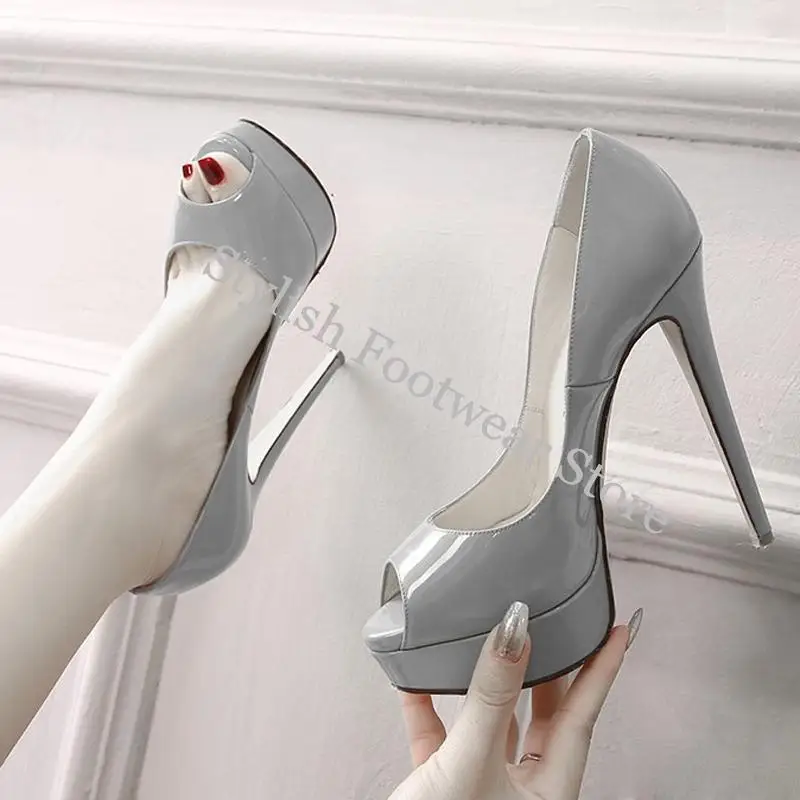 Classical Peep Toe Platform 14cm Heel Pumps Super High Heels Woman Solid Royal Blue Purple Patent Leather Banquet Dress Shoes view 3