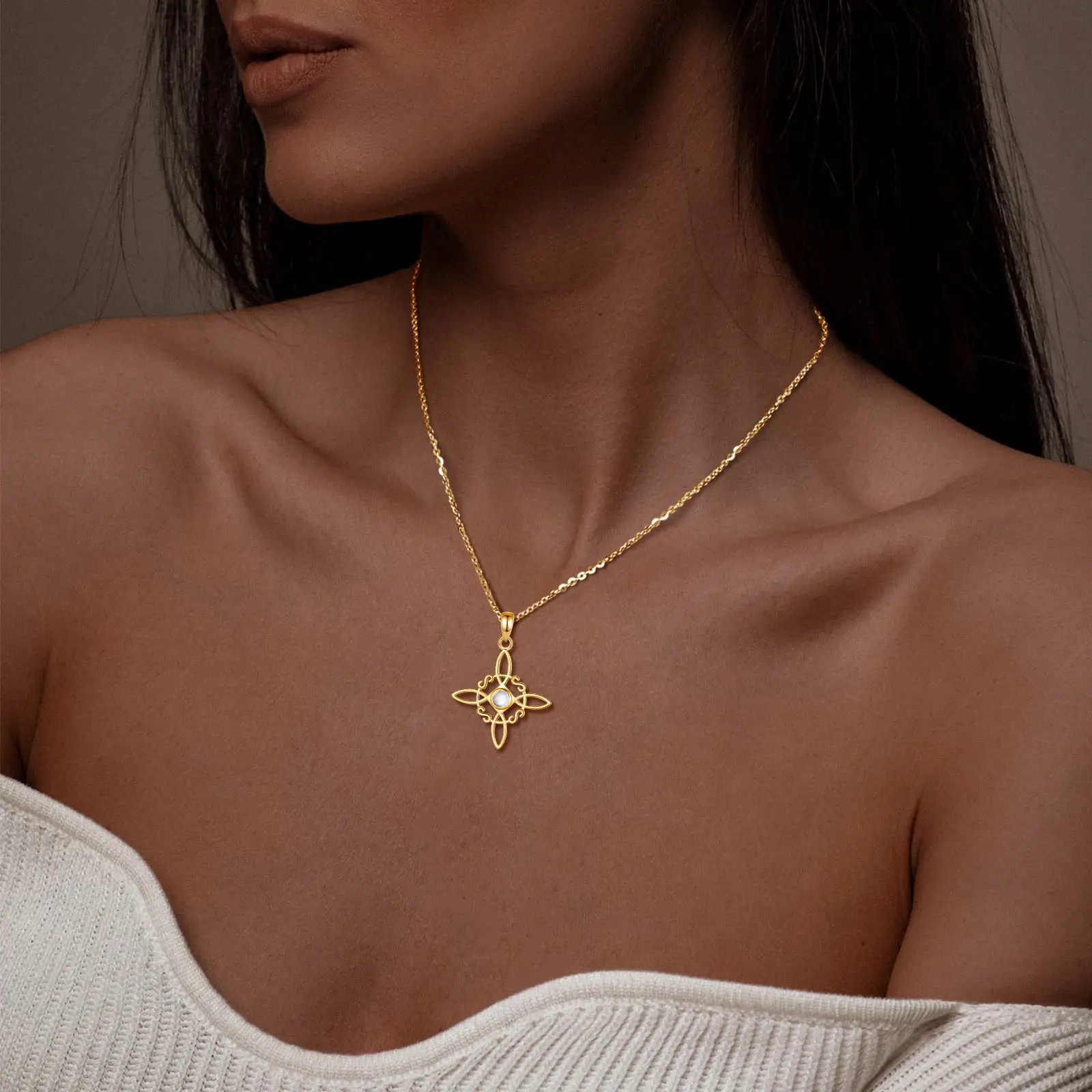 Eudora 925 Sterling Silver Witches Knot Necklace & Earrings 18K Gold Plated Moonstone Celtic Knot Wicca Jewelry Set Women Gift