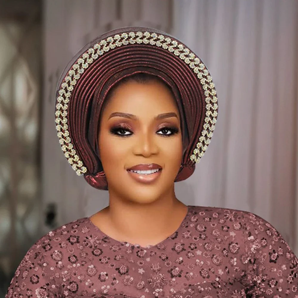 لامعة الماس قبعة عمامة للنساء جاهزة الأفريقية السيارات Gele ربطة الرأس نيجيريا الزفاف Autogeles رئيس التفاف الحجاب بونيه خوذة