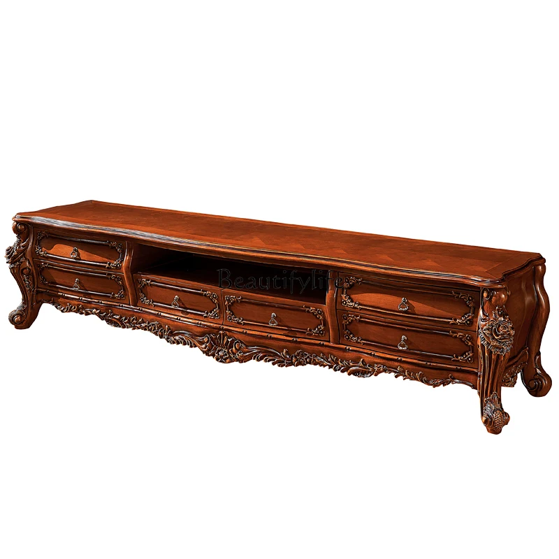

European American Floor Cabinet Full Solid Wood Deep Carving Luxury Villa TV Cabinet
