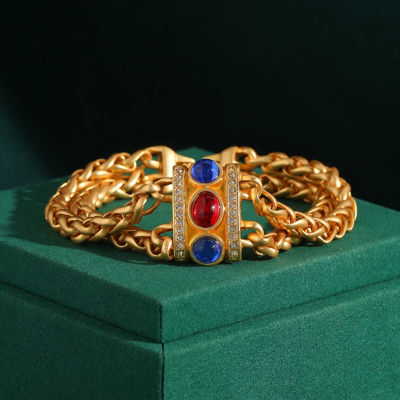 

Vintage Layered Gold Color Chain Charm Bracelets For Women Wrist Jewelry Red Blue Crystal Ball Accessories Luxury Brand 2025