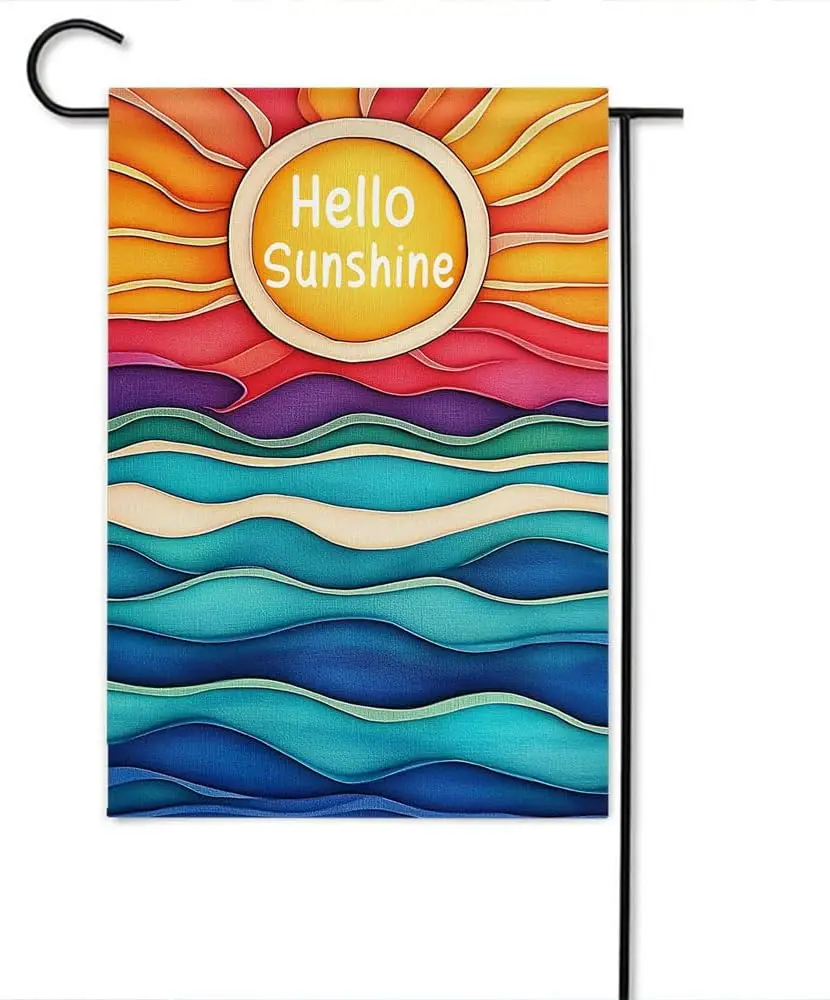Gkyygk Hello Sunshine Blue Wave Garden Flag 12 x 18 Inch Double Sided Welcome Banners Farmhouse Holiday Outside Decor Burlap PPZ
