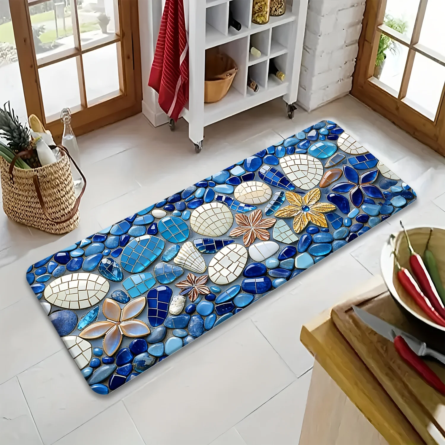Commercial Kitchen Tile Flooring - Nautical Seashell Mosaic Long Floor Mat