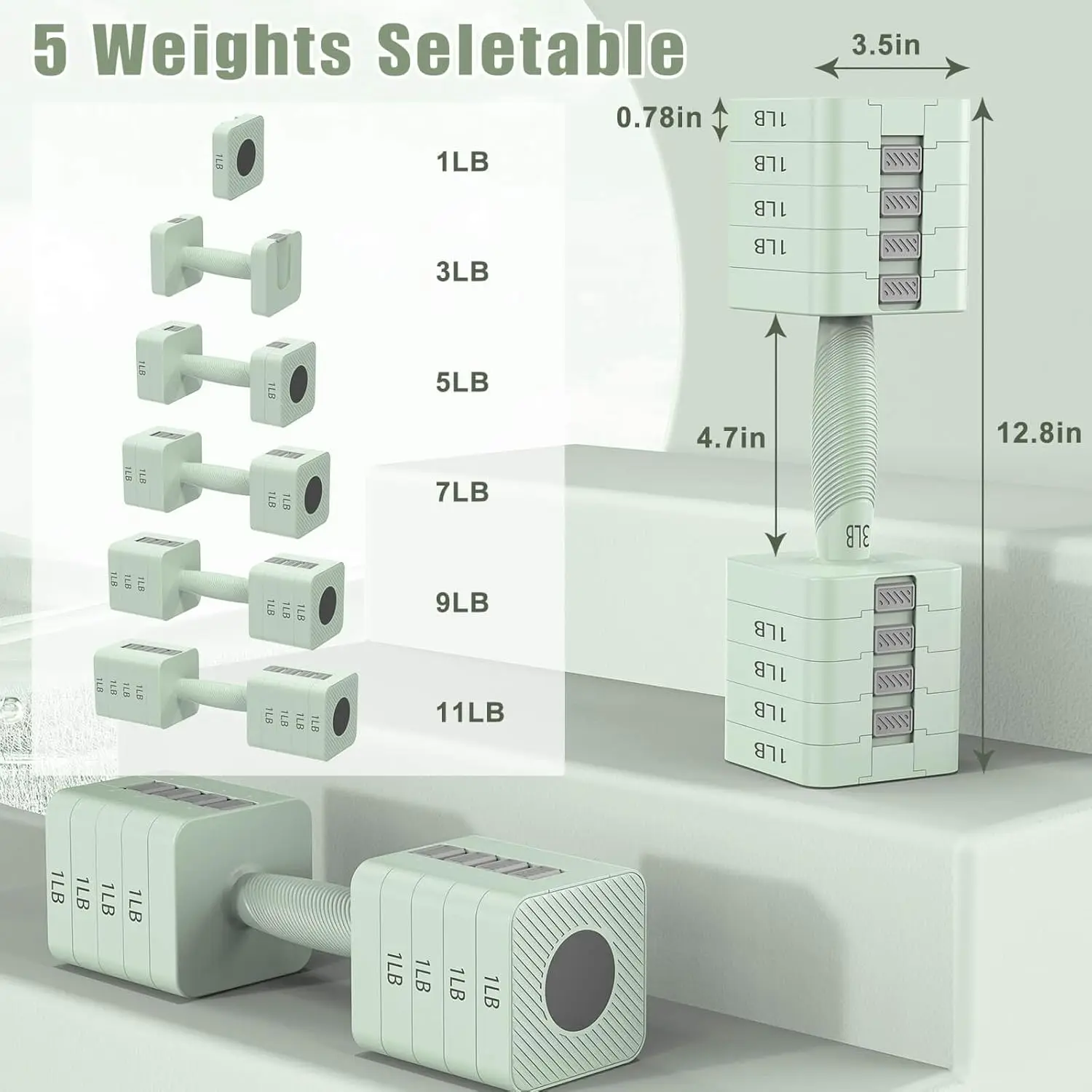 ชุดดัมเบลปรับน้ำหนักได้ 5-in-1 น้ำหนัก 3 ปอนด์ ถึง 11 ปอนด์ สำหรับออกกำลังกายที่บ้าน ดีไซน์กะทัดรัด