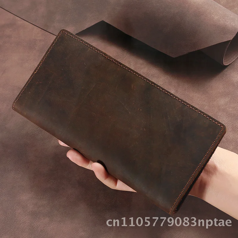 Men's Long Retro Mad Horse Genuine Leather Tri-Fold Business Wallet Top Layer Cowhide Hand-Held Bag Breathable Daily Use