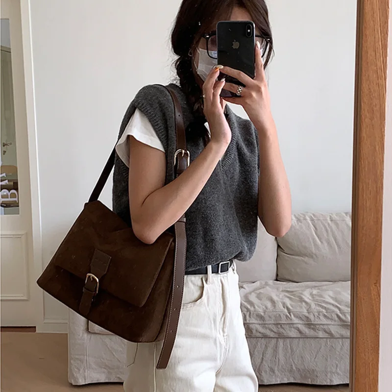 

Корейская женская бархатная сумка через плечо, повседневная сумка-тоут, модная винтажная сумка для студентов, универсальная сумка на плечо