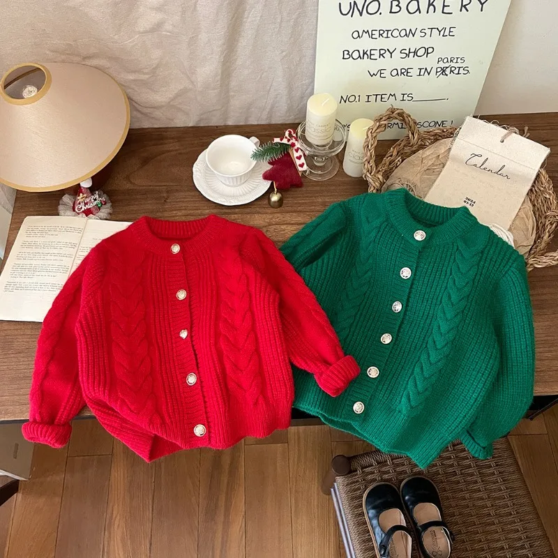 Girls Cardigan Autumn Winter Children Sweater Christmas Twist Thickened Jackets for Kids Knitted Toddler Outerwear Baby Clothes