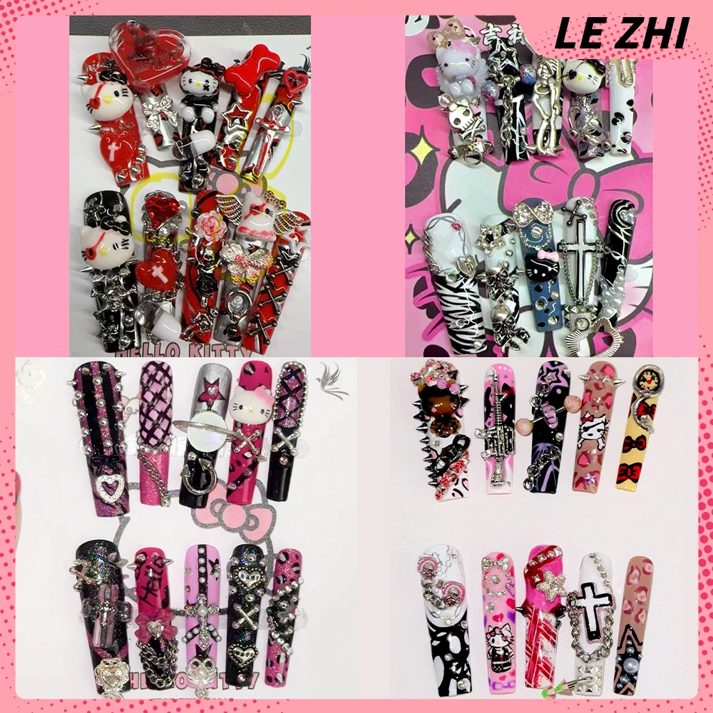 

10Pcs Y2K Heavy Metal Sanrio Hello Kitty Handmade Long Square Press On Nails Spicy Girl Chain Diamond Pearl Flowers False Nails