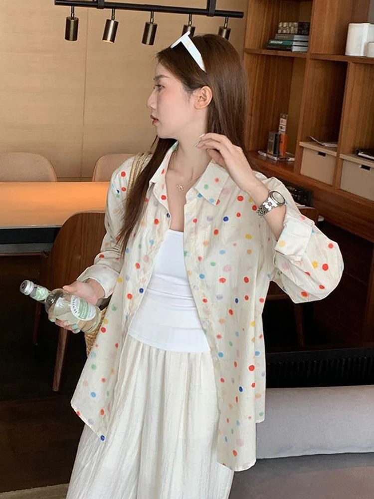 Jmprs Rainbow Dot Sweet Shirt Women Korean Loose Long Sleeve Fashion Blouse Fall Elegant Casual All Match Female Chic Tops New