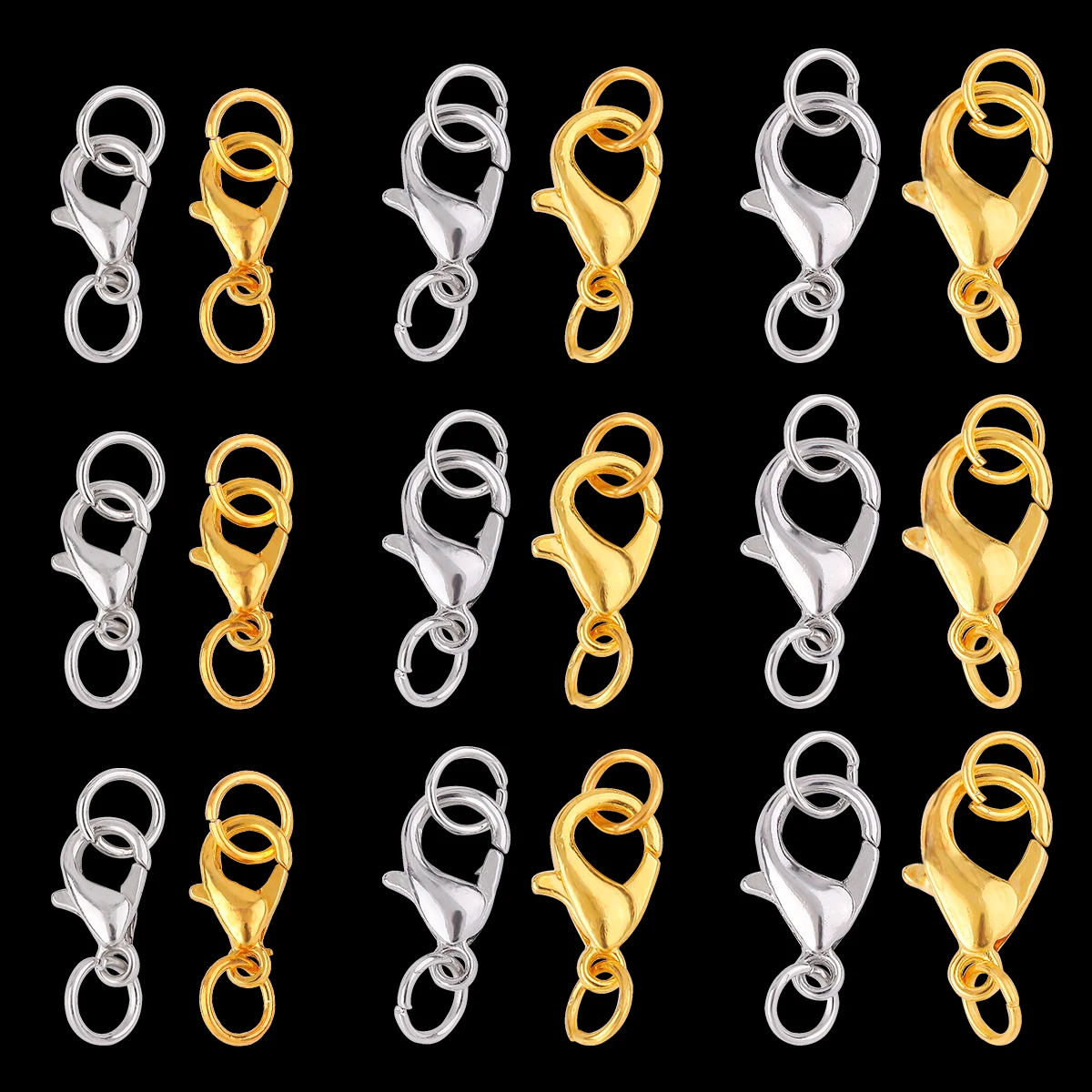 10Set/lot 10 12 14mm Metal Lobster Clasps Hooks With Jump Rings Gold Color End Clasp Connectors Necklace Findings Jewelry Making