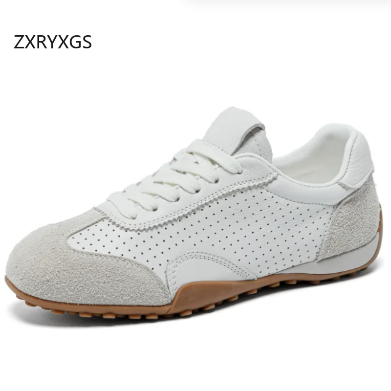 ZXRYXGS Big Size Top Cowhide Spell Color Hollow Full Real Leather Sneaker Breathable Light Comfort Flats Women Trendy Shoes 2026