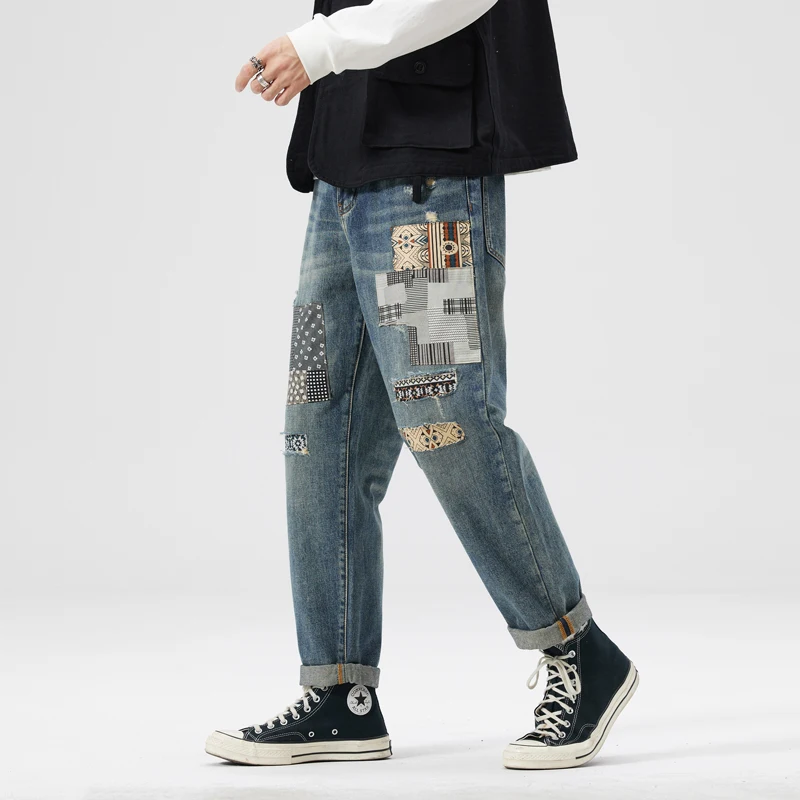 

BGC9797 Tide with the same American heavy denim jeans broken holes patches do old hip-hop loose tapered trousers