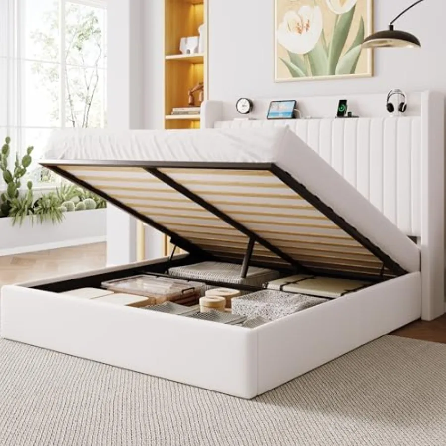 

Queen Size Lift Up Storage Bed Frame, Storage Shelf Headboard with Charging Station, Type-C and USB Ports, Hydraulic Support, V