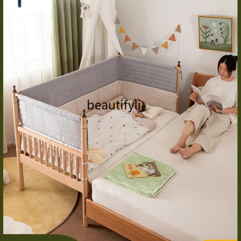 HJ Beech High Guardrail Multi-Function Bed Widened Solid Wood Paint-Free Children's Bed Seamless Spliging Bed