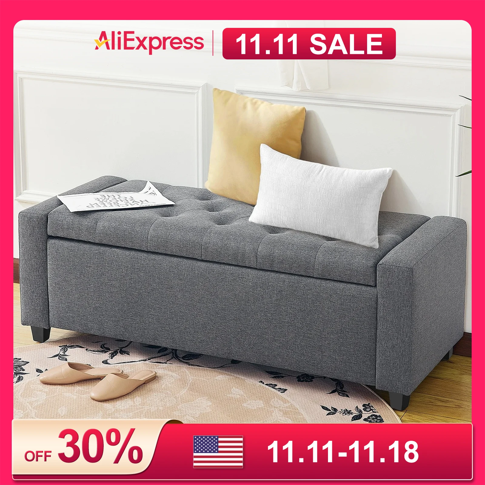 Redlife 47.8'' Storage Ottoman, Folding Storage Bench Footrest Stool w/ Flipping Lid Safe Hinge for Living Room Bedroom Entryway