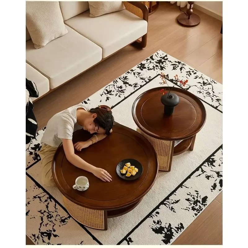 B15 Retro Style Living Room Household Coffee Table Round Solid Wood Rattan Small Apartment Simple Tea Table Light Luxuryx8