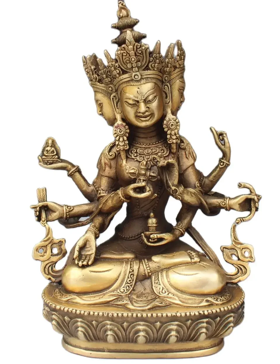 

21CM 9" Tibet Buddhism Bronze 3 Head 8 Arms Namgyalma & Ushnishavijaya Buddha Statue