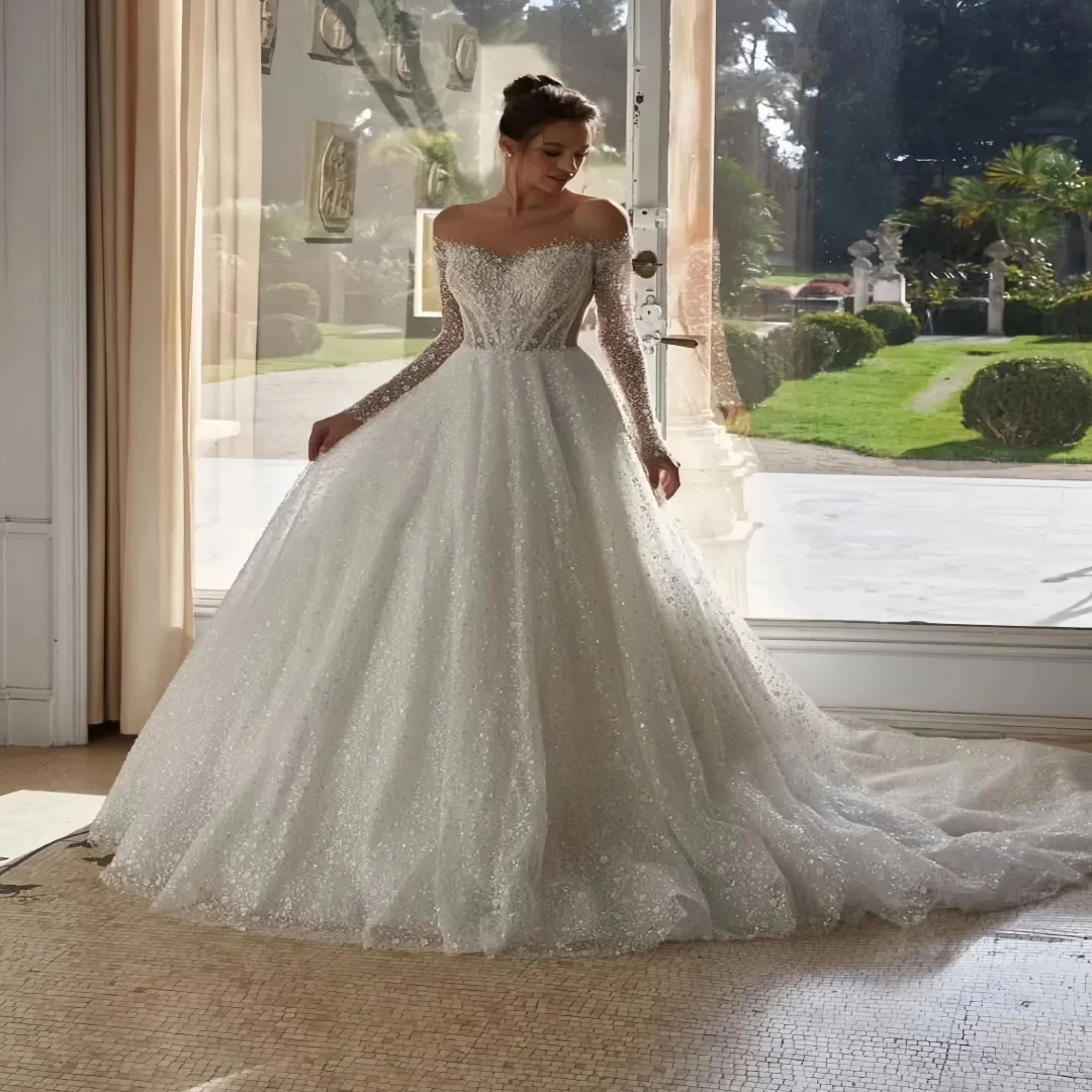 2026 Свадебное платье с бусинами и блестками, с прозрачным вырезом и длинными рукавами, жемчугом, свадебное платье трапециевидной формы, модный халат De Mariage для невесты