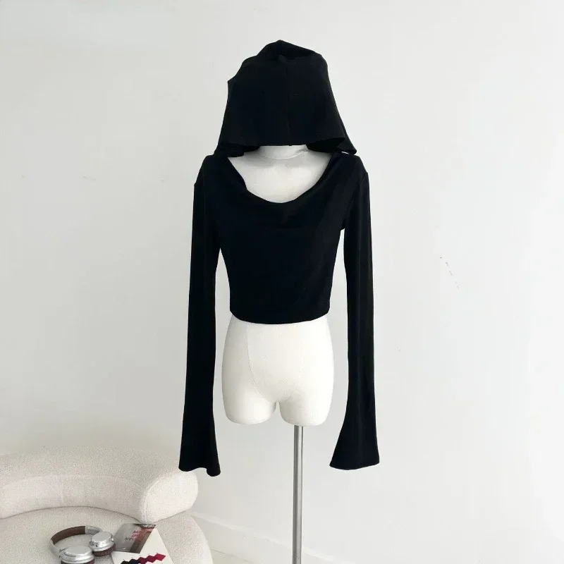Gothic Black Tshirts for Women Y2k Crop Tops Shirts 2024 Summer Hooded Long Sleeve Tees Korean Fashion Casual Sexy T Shirt New
