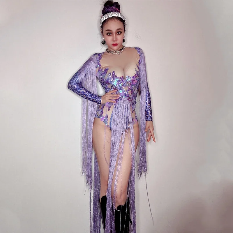 New Gogo Costume Purple Rhinestones Jumpsuit Sequins Long Fringes Bodysuit Women Pole Dance Outfit Nightclub Dj Ds Stage Wear