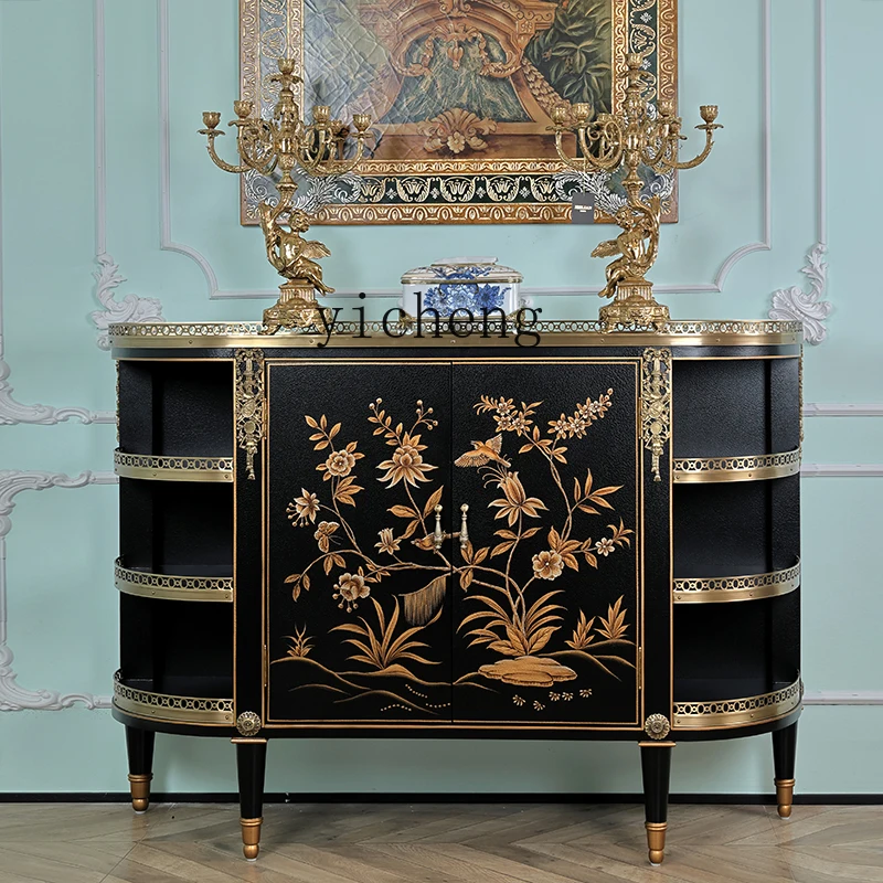Gz-22 French Retro Solid Wood Hand-painted Flower And Bird Copper Black Crack Paint Entrance Cabinet