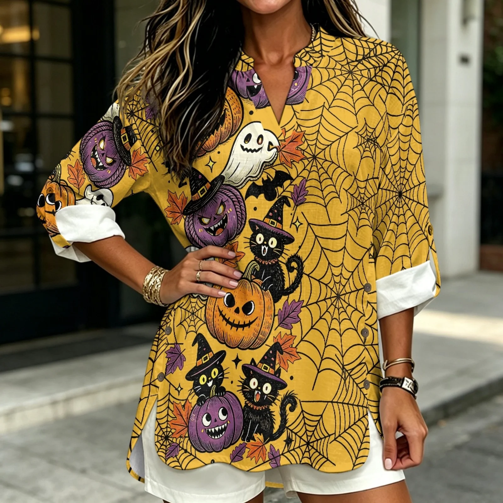 PENSTROLL Rolled Sleeve Linen Style Casual Shirts Curved Hem Notch V Neck Blouses for Everyday Wear Halloween Pumpkin