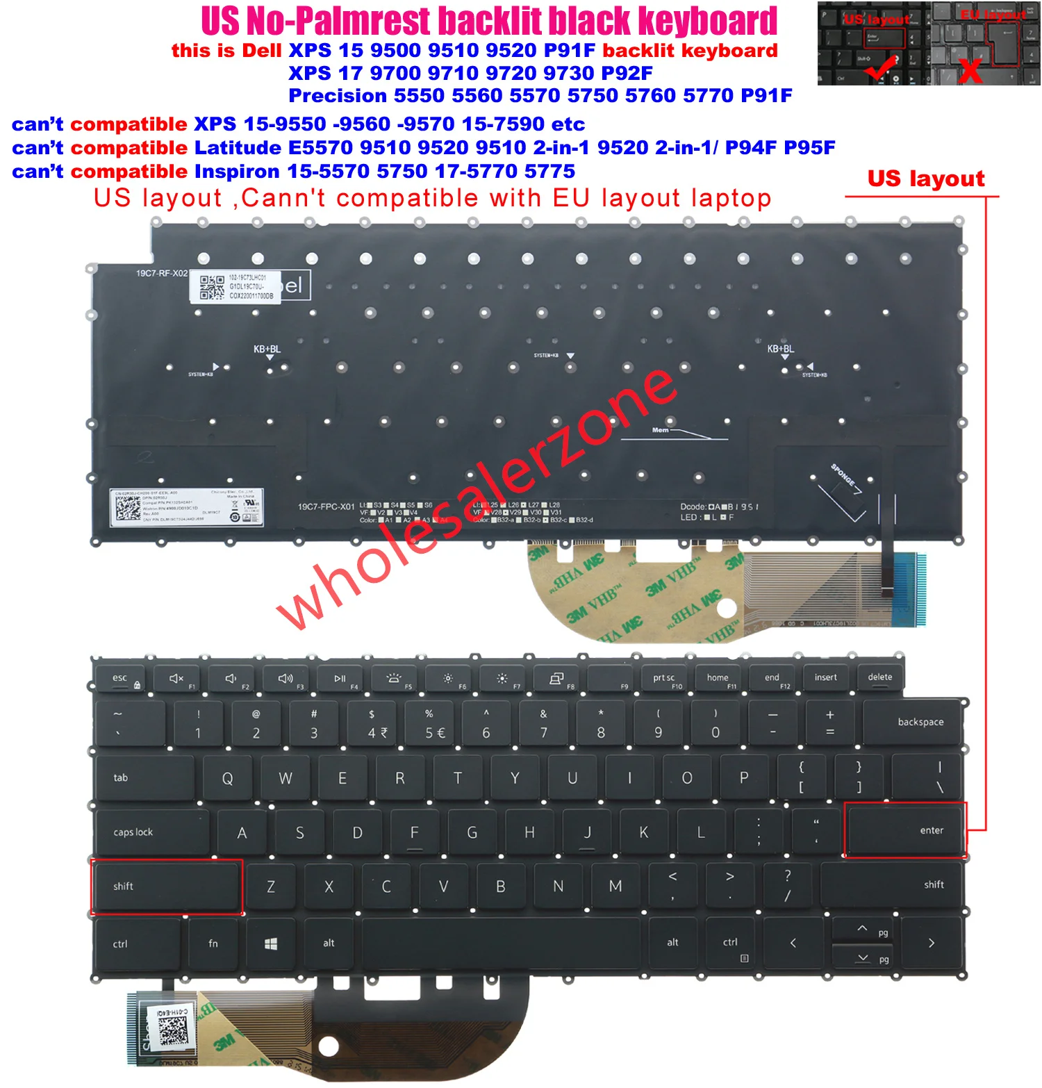 

US Keyboard Backlit for Dell XPS 15 9500 9510 9520 P91F,Precision 5550 5560 5570 5750 5760 5770,XPS 17 9700 9710 9720 9730 P92F