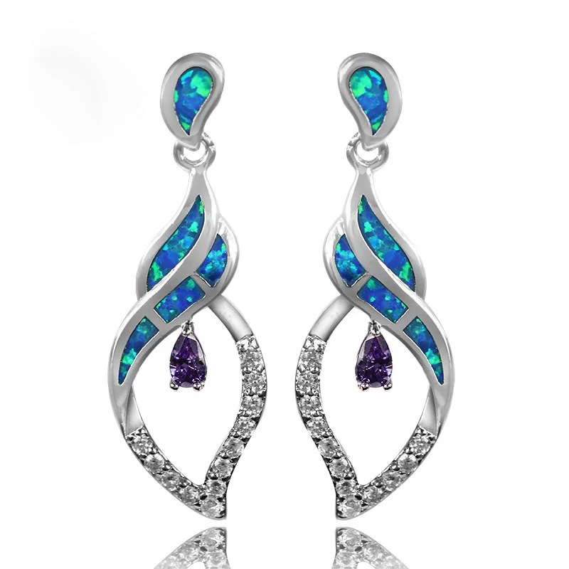 Blue Opal Earrings for Women,Modern Twisted Silver Earrings with Purple Gems & Zircons,Luxury Designer Dangle Jewelry Gift