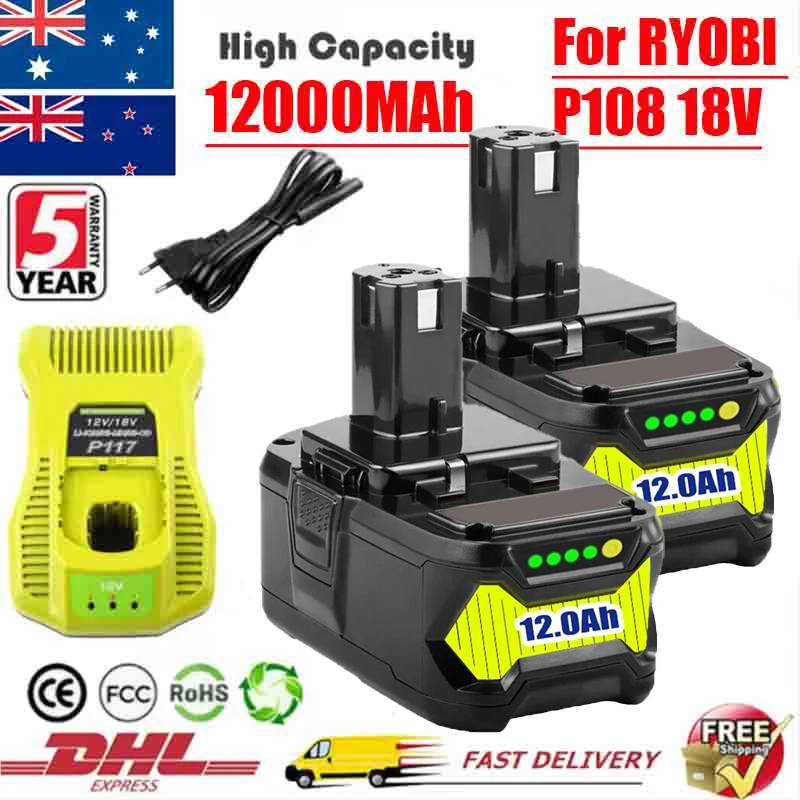12Ah For RYOBI 18V Battery P108 18V One+ Plus Battery 18 Volt Lithium-Ion Power Tools P104 P107 RB18L50 RB18L20 P108