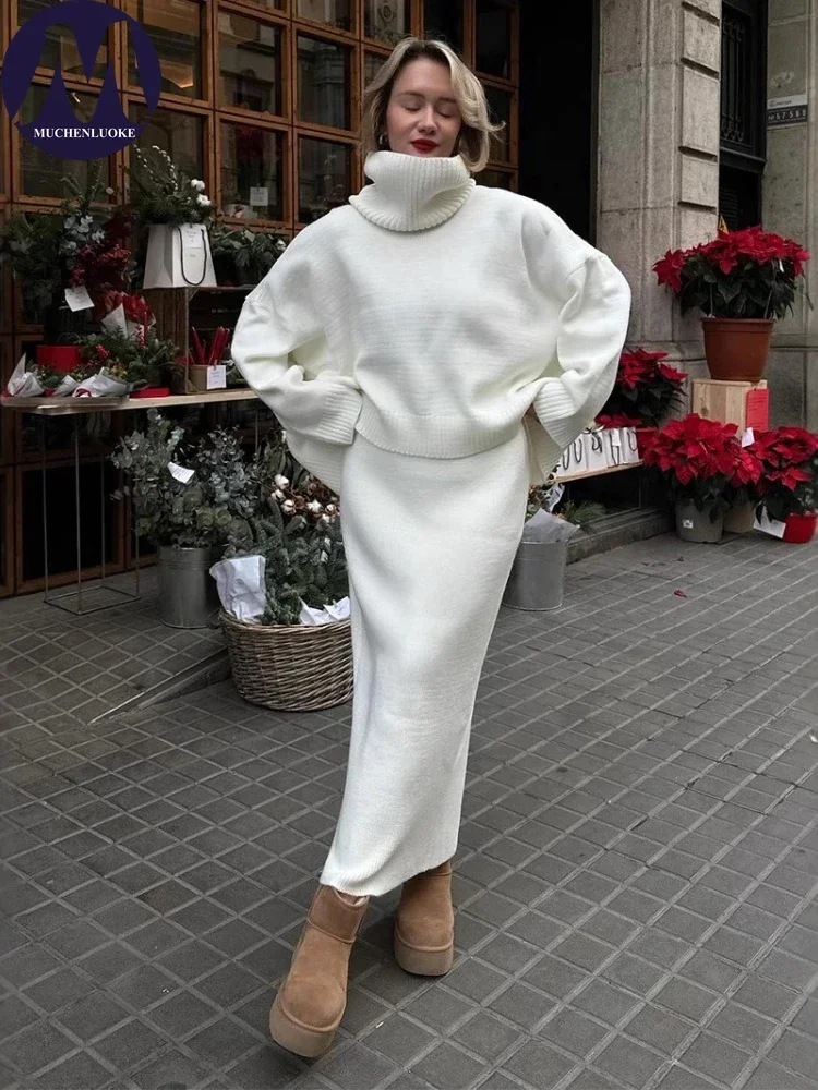 Women's Autumn Winter 2-Piece Set Elegant High Neck Thick Knitted Sweater Top with Fashionable Casual Loose Skirt Ensemble