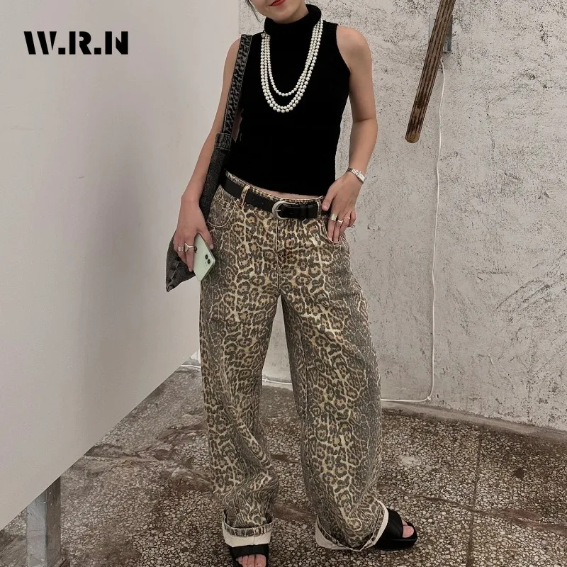 

American Girl‘s Leopard Print Baggy Cowboy Trousers Fashion High Street Oversized Straight Washed Jeans Street Wear 2024
